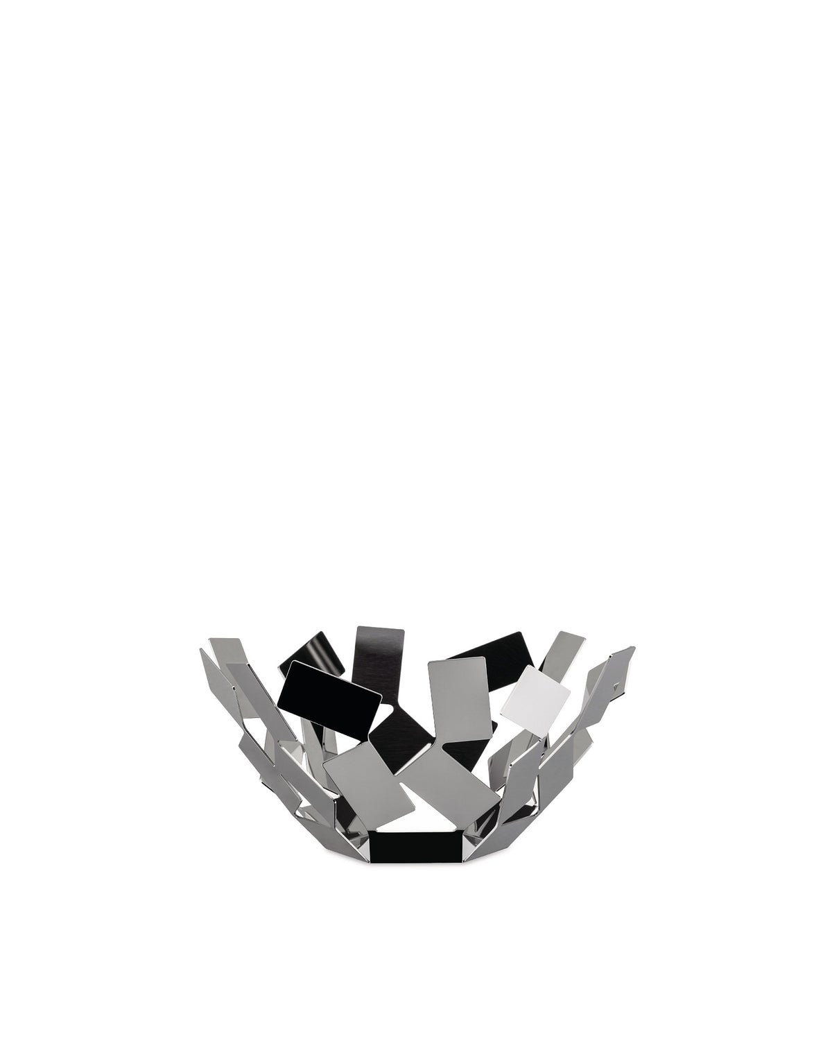 Stainless steel fruit bowl by Alessi, featuring a fragmented, geometric design with reflective surfaces.