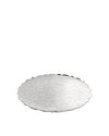 Silver metallic round decorative platter by Alessi, with a scalloped edge and intricate etched patterns.