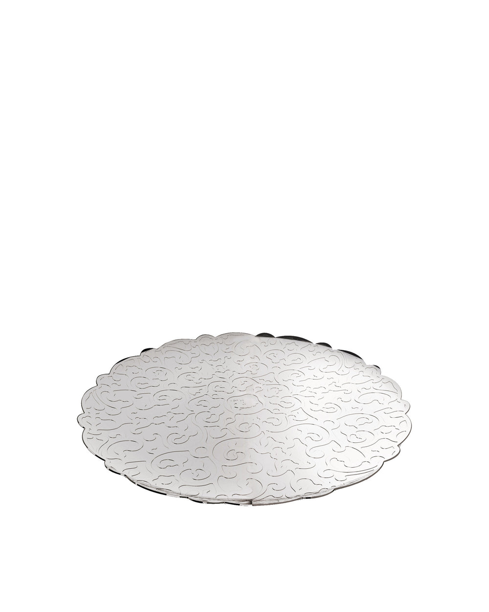 Silver metallic round decorative platter by Alessi, with a scalloped edge and intricate etched patterns.