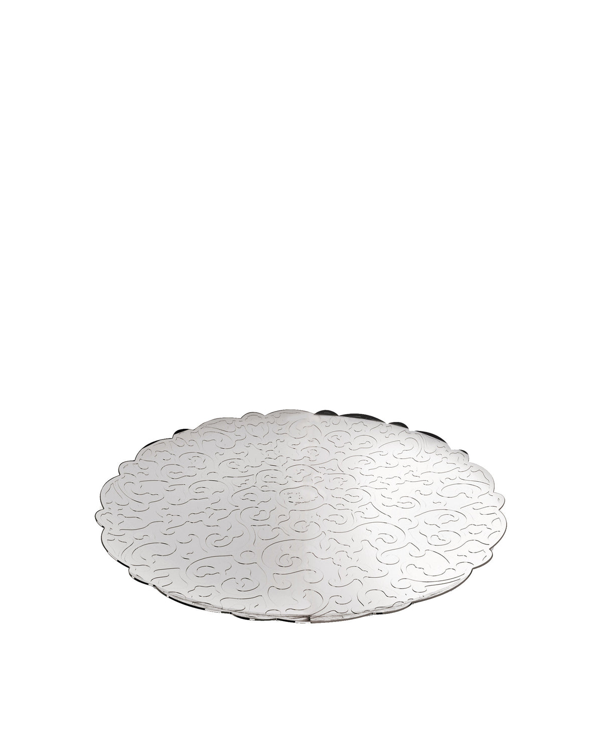 Silver metallic round decorative platter by Alessi, with a scalloped edge and intricate etched patterns.
