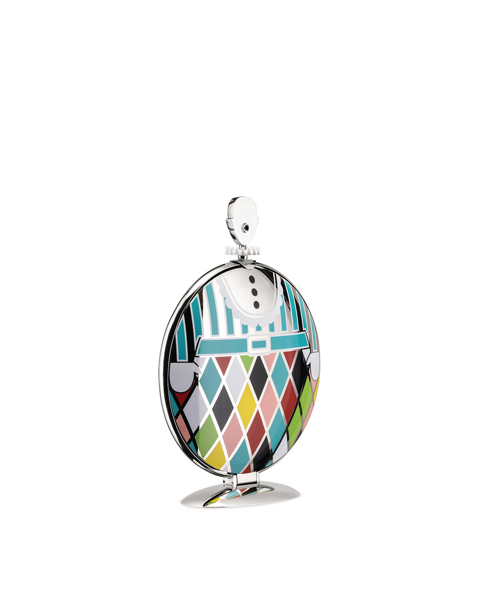 Colorful folding cake stand by Alessi, designed as a harlequin figure with diamond patterns.