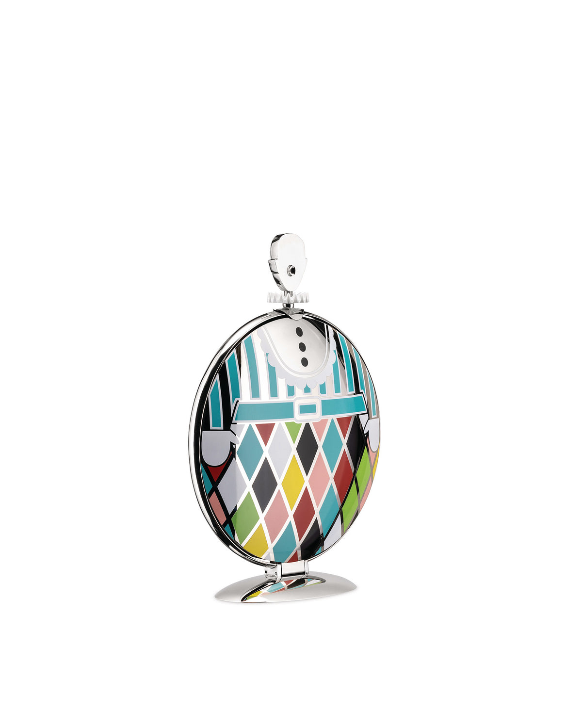 Colorful folding cake stand by Alessi, designed as a harlequin figure with diamond patterns.