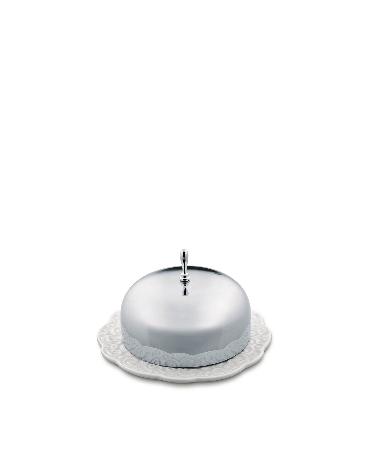 Silver covered butter dish by Alessi with a decorative knob and a white ceramic plate featuring an embossed scrollwork pattern.