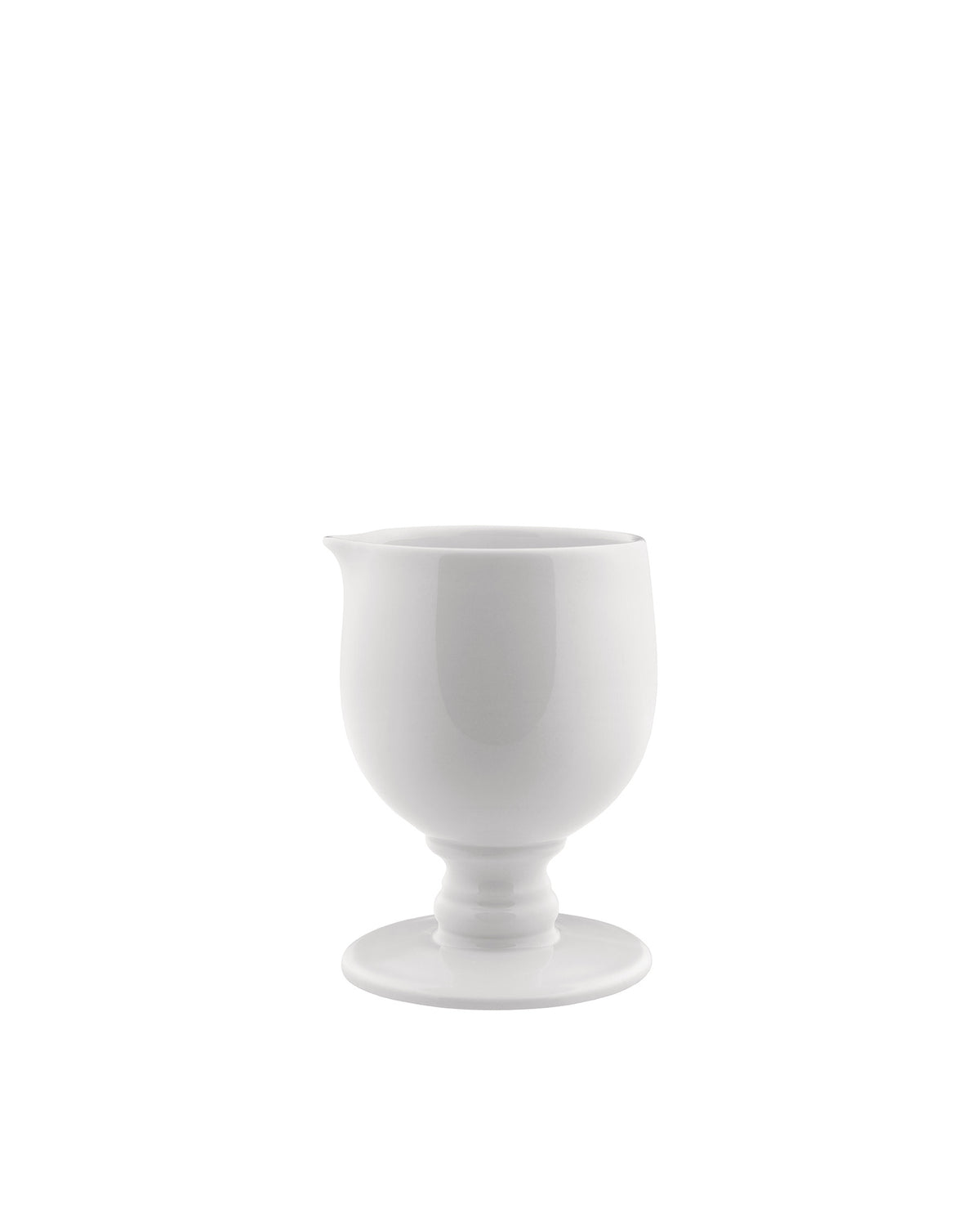 White glossy creamer by Alessi with a goblet-style base and small pouring spout.