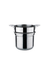 Polished stainless steel pasta pot insert by Alessi, featuring a perforated body and two scalloped handles.
