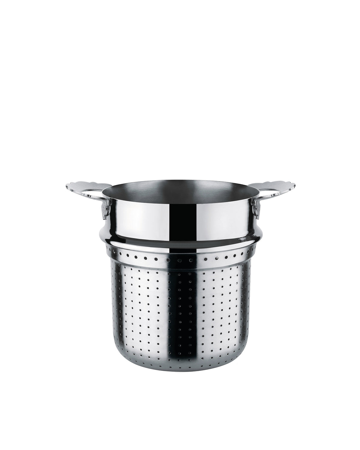 Polished stainless steel pasta pot insert by Alessi, featuring a perforated body and two scalloped handles.