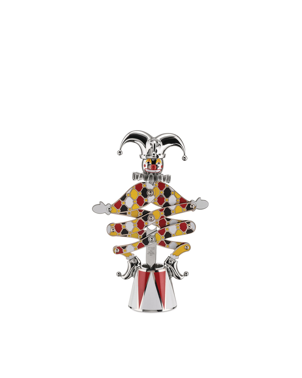 Silver and multicolored jester-shaped corkscrew by Alessi, featuring a harlequin pattern and conical base.