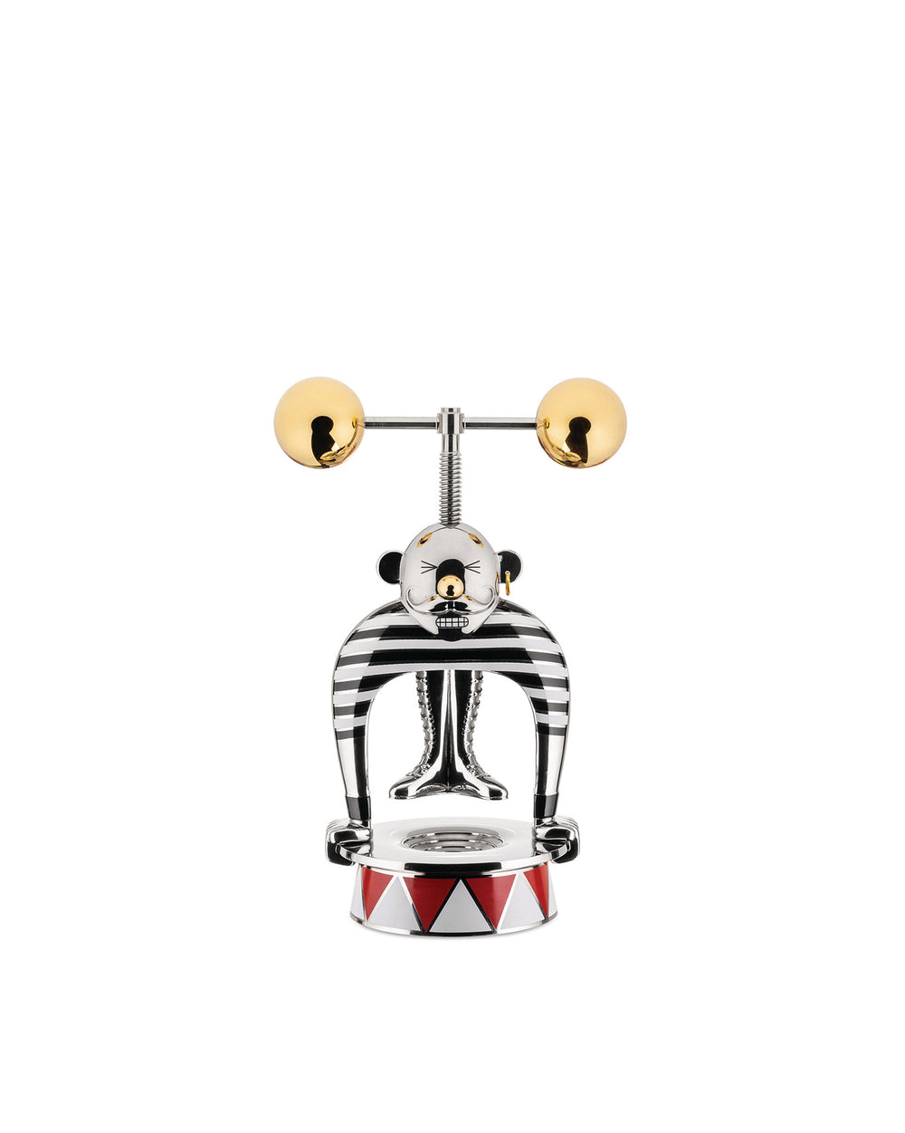 Metallic strongman corkscrew by Alessi, with black and white stripes, holding golden spheres, on a red and white triangular base.