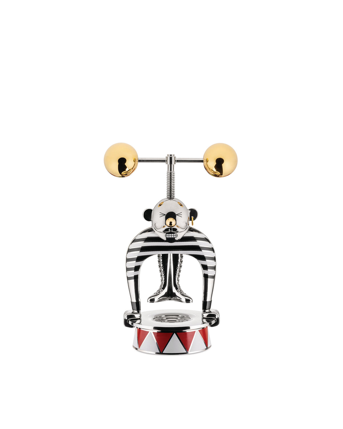 Metallic strongman corkscrew by Alessi, with black and white stripes, holding golden spheres, on a red and white triangular base.