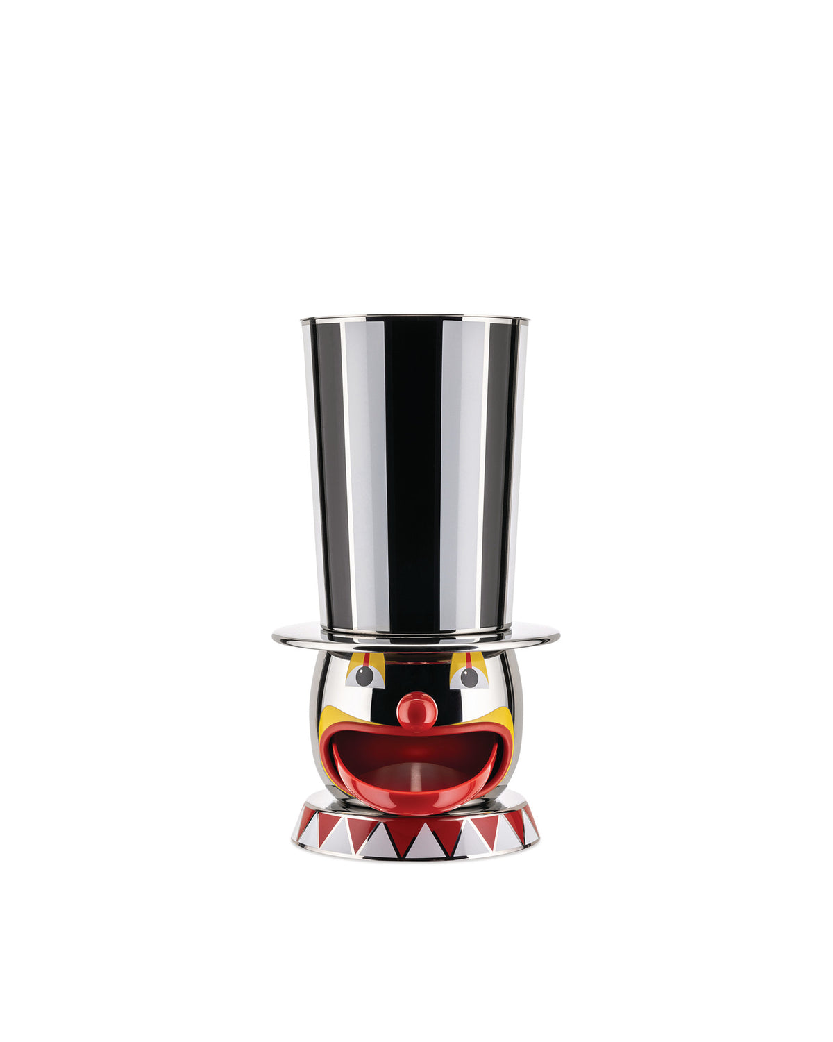 Colorful polished metal clown egg cup by Alessi, with a striped top hat and geometric base.