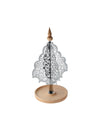 Silver metal Christmas centerpiece by Alessi with ornate scrollwork panels, a natural wood base, and a wooden finial.