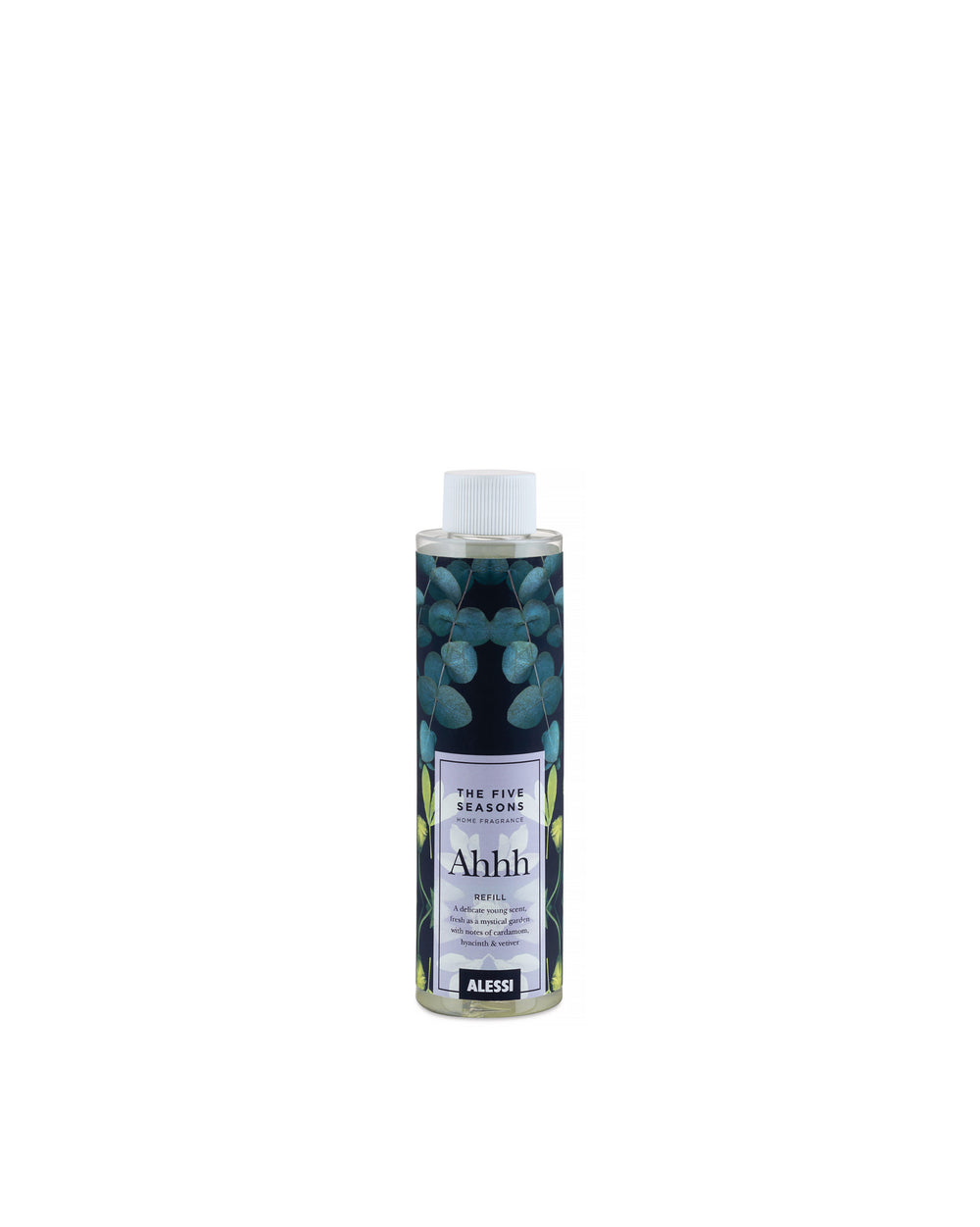 Home fragrance refill in a clear bottle by Alessi, featuring a blue eucalyptus leaf label and white cap.