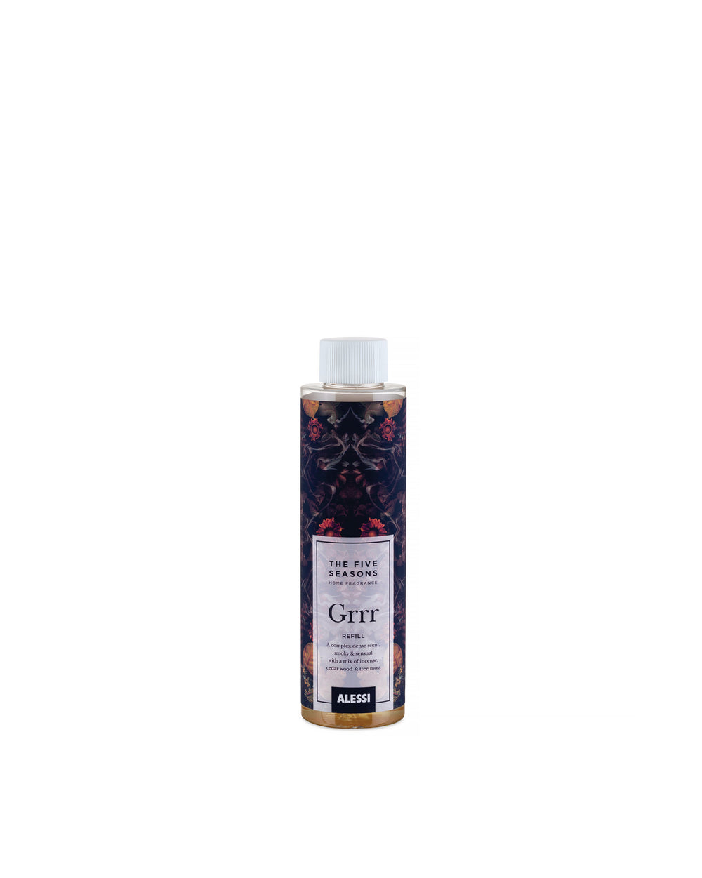 Home fragrance refill bottle with a floral label by Alessi, featuring a dark botanical pattern and a white ribbed cap, filled with golden liquid.