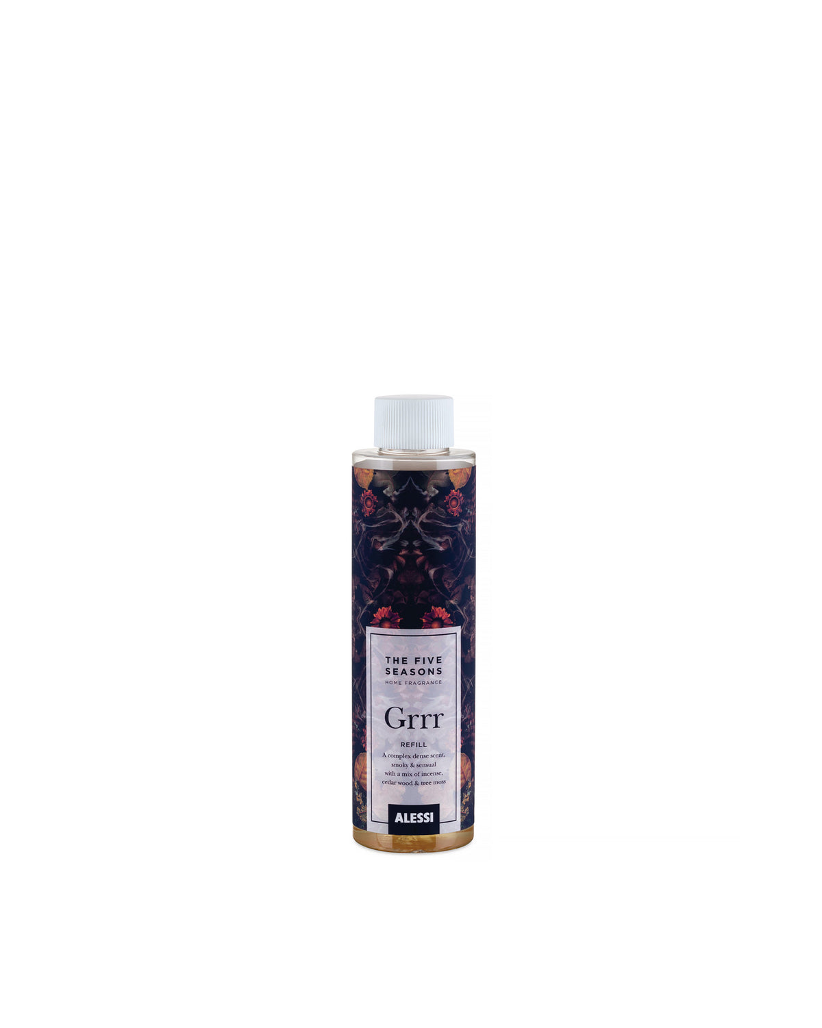 Home fragrance refill bottle with a floral label by Alessi, featuring a dark botanical pattern and a white ribbed cap, filled with golden liquid.