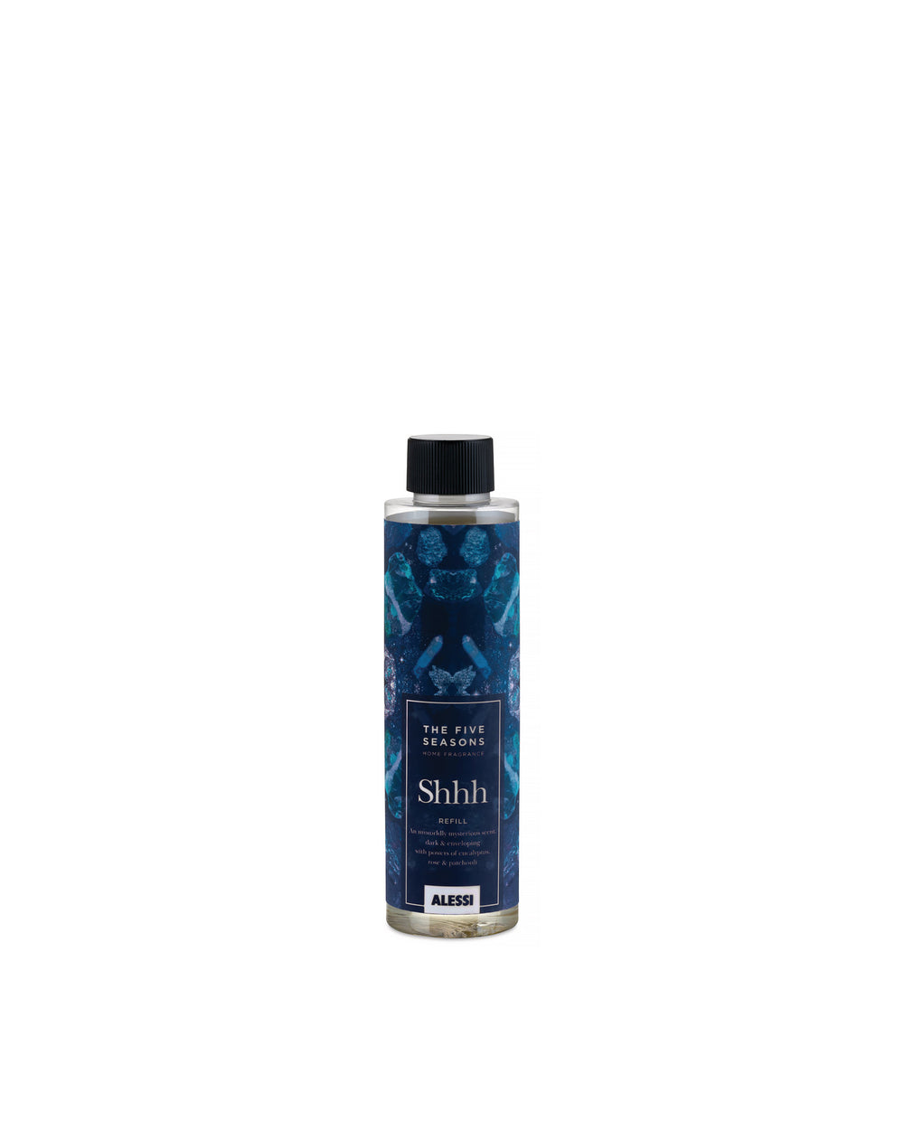 Home fragrance refill bottle with a dark blue abstract pattern by Alessi, featuring a black cap and "Shhh" label.