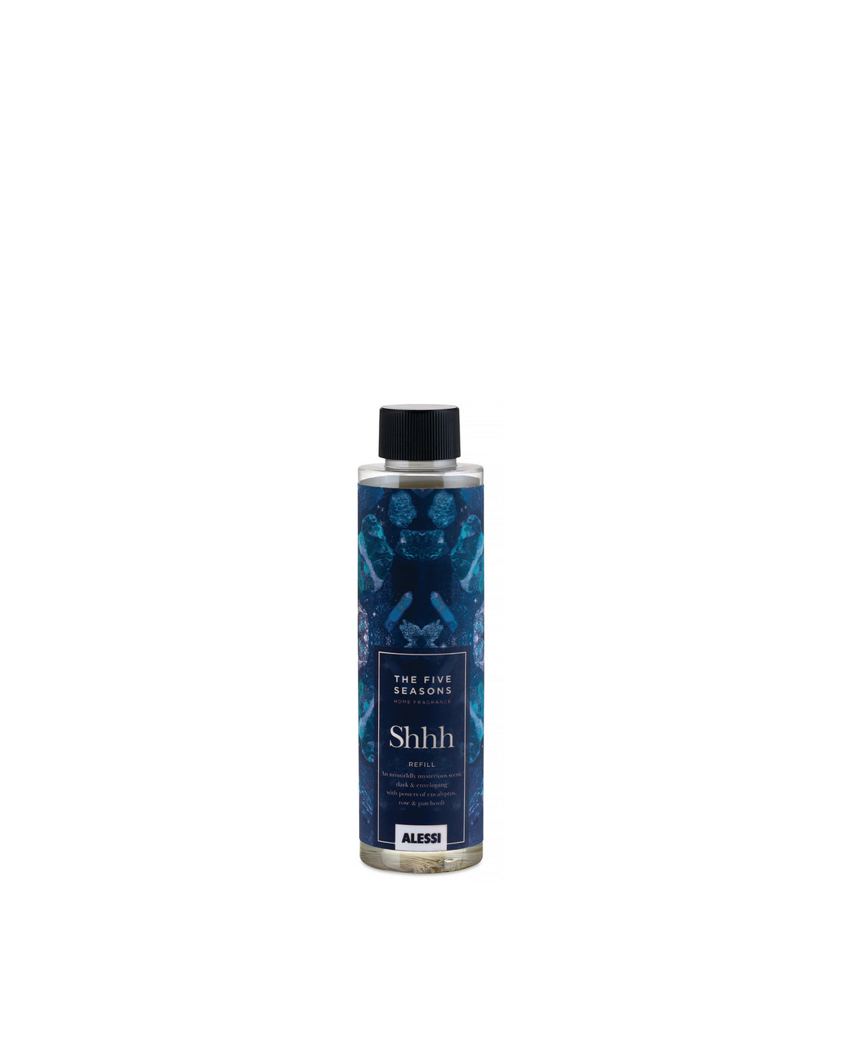 Home fragrance refill bottle with a dark blue abstract pattern by Alessi, featuring a black cap and "Shhh" label.