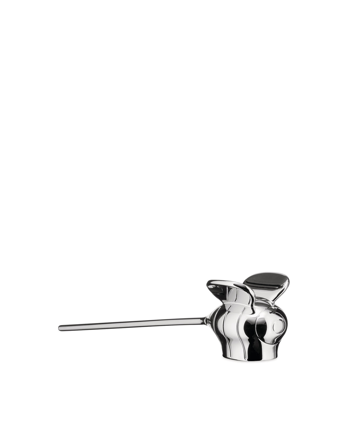 Silver metallic honey dipper by Alessi with a long handle and a unique stylized head with wing-like elements.