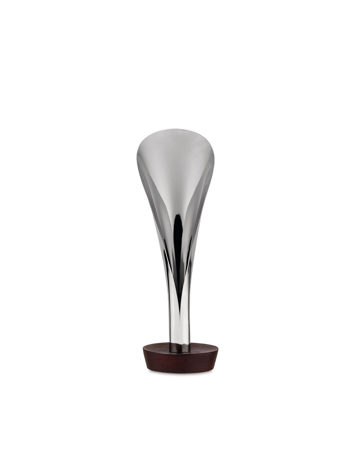 Silver-toned metal wine funnel by Alessi with a sleek, sculptural design and a dark wood base.
