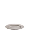 Scalloped light grey decorative plate by Alessi, featuring an intricate embossed rim pattern.