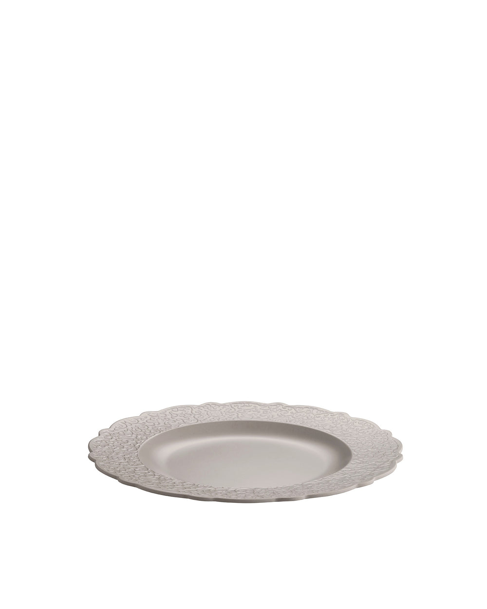 Scalloped light grey decorative plate by Alessi, featuring an intricate embossed rim pattern.