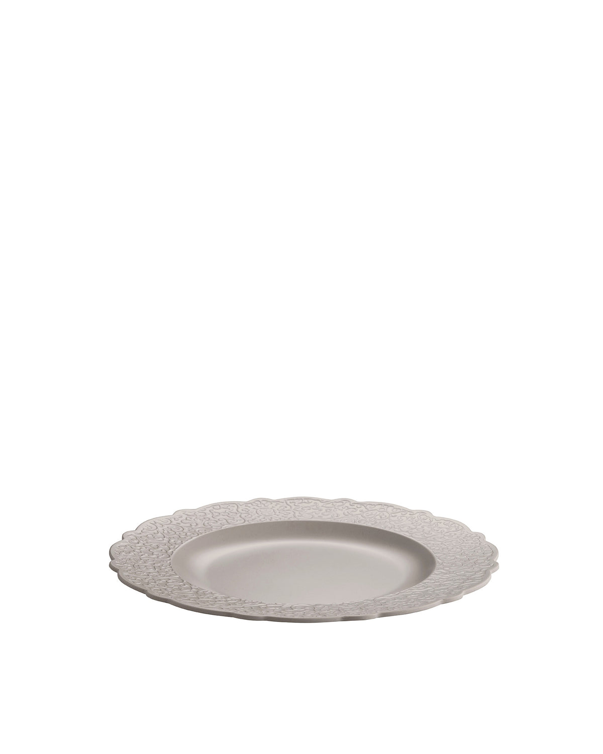 Scalloped light grey decorative plate by Alessi, featuring an intricate embossed rim pattern.