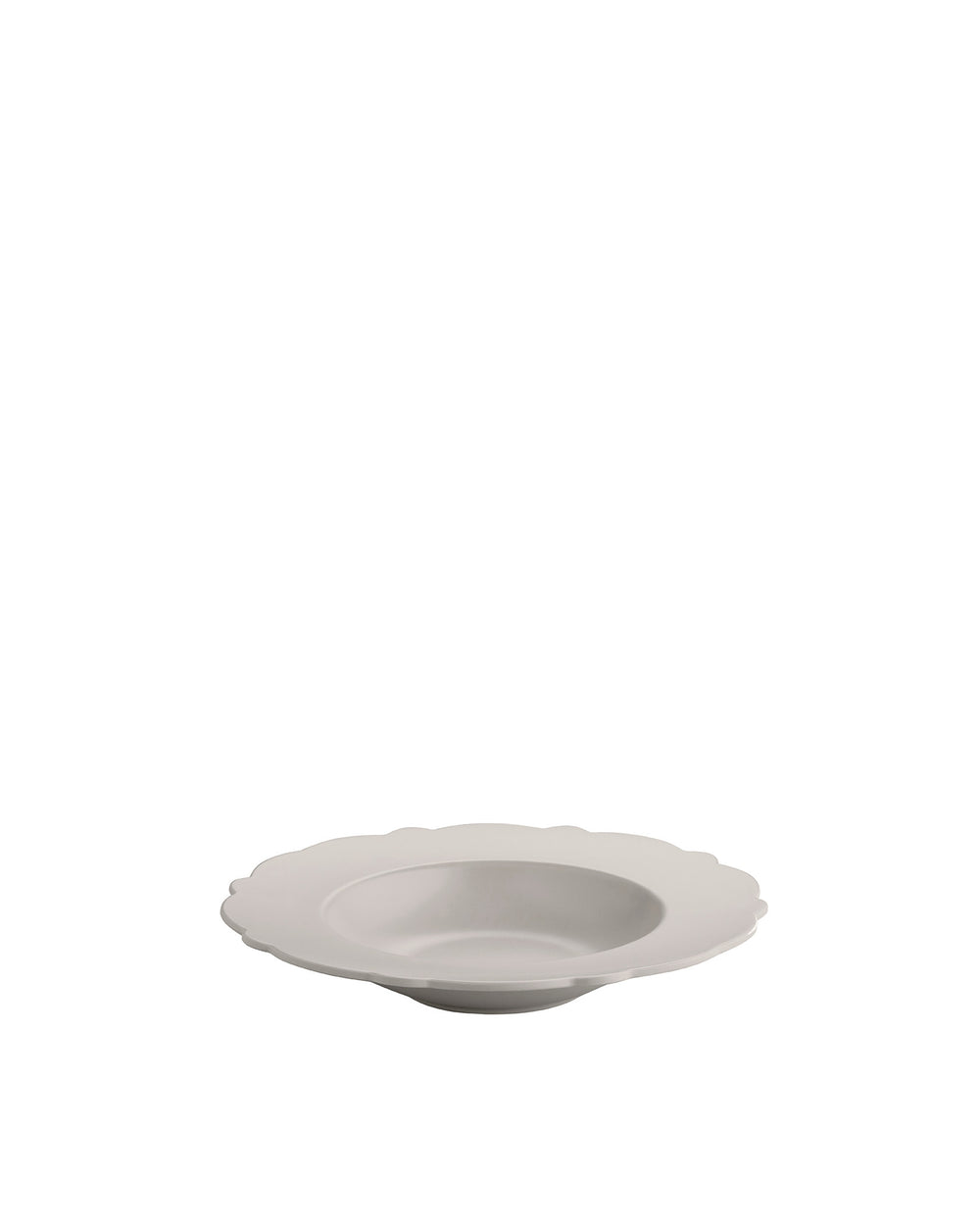 Light grey shallow serving bowl with scalloped edge by Alessi, presented at an angle.
