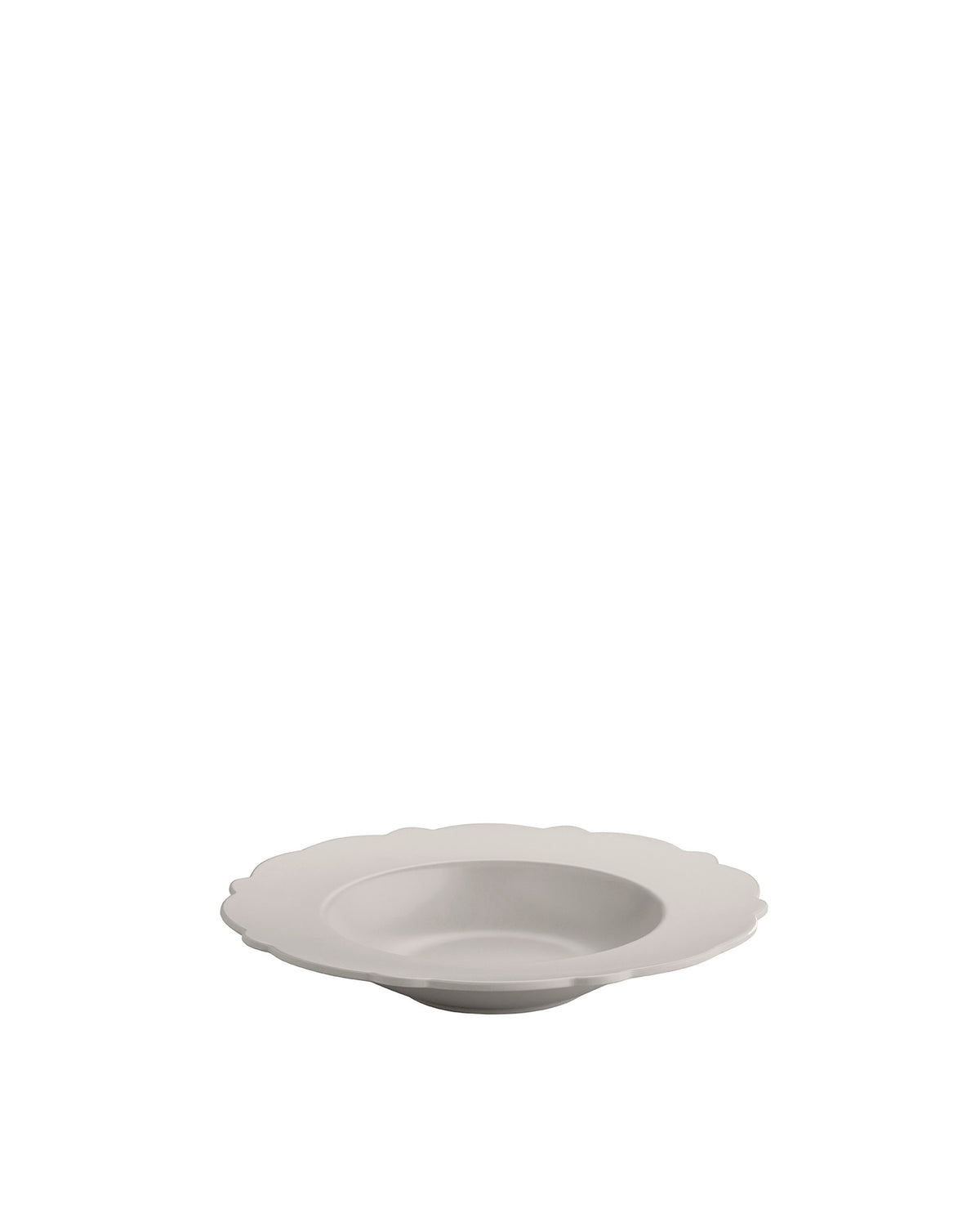 Light grey shallow serving bowl with scalloped edge by Alessi, presented at an angle.