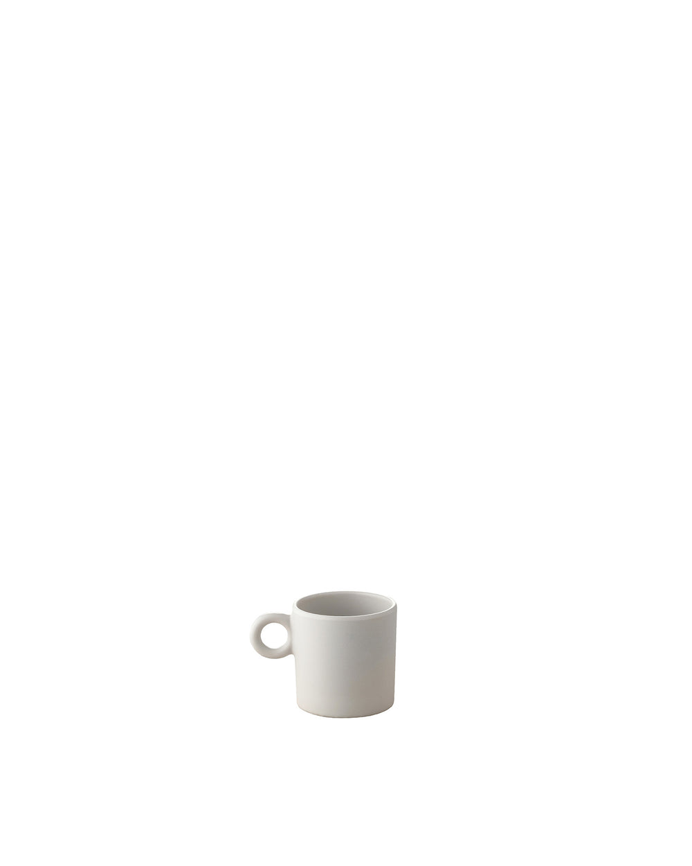 Light grey ceramic mug by Alessi with a simple round handle.