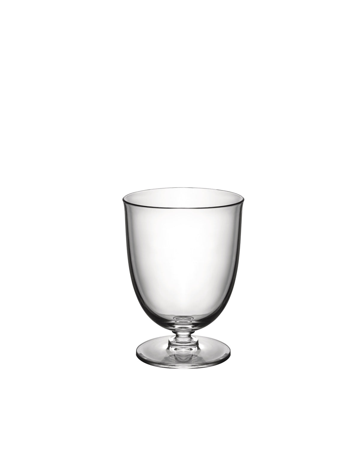 Clear glass footed goblet by Alessi, with a wide bowl, isolated on a white background.