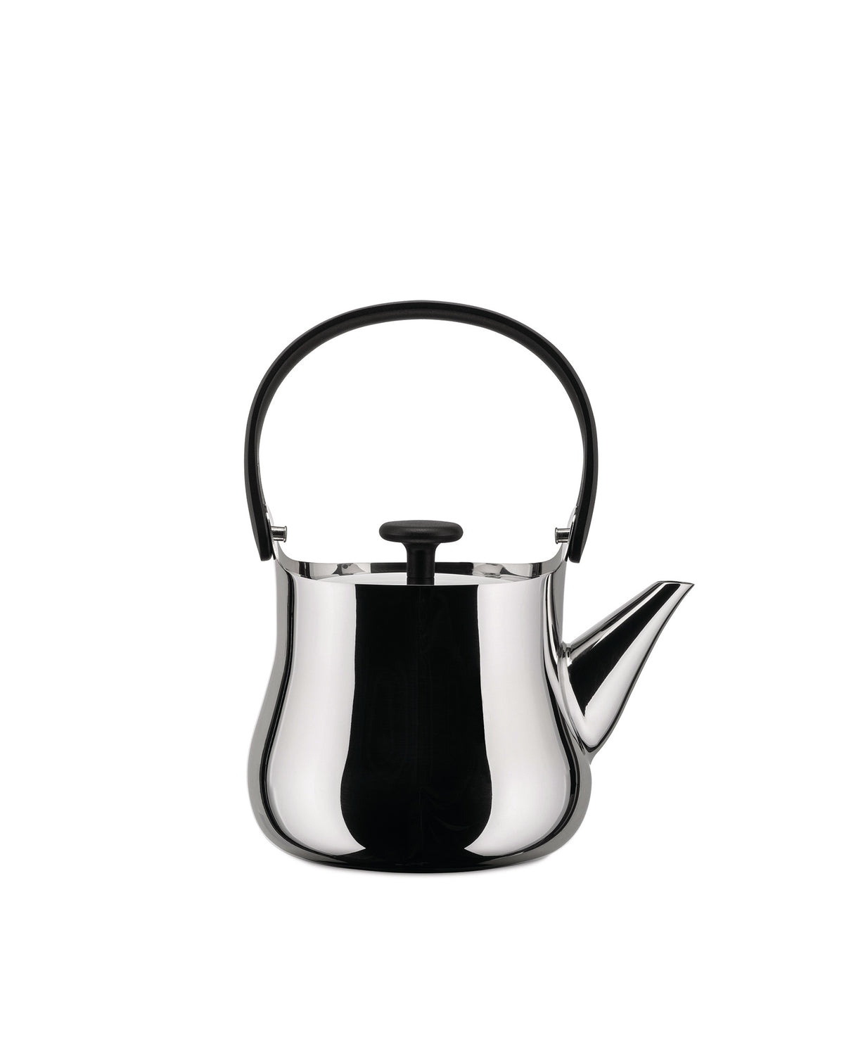 Polished stainless steel teapot with a black handle and knob by Alessi, featuring a sleek, curved body.