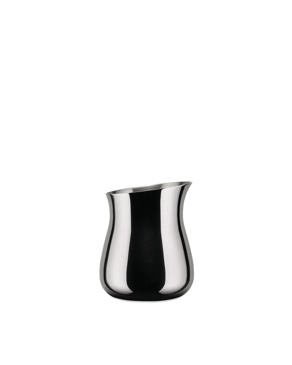 Polished stainless steel creamer by Alessi, with a sleek, curved body and an angled top.