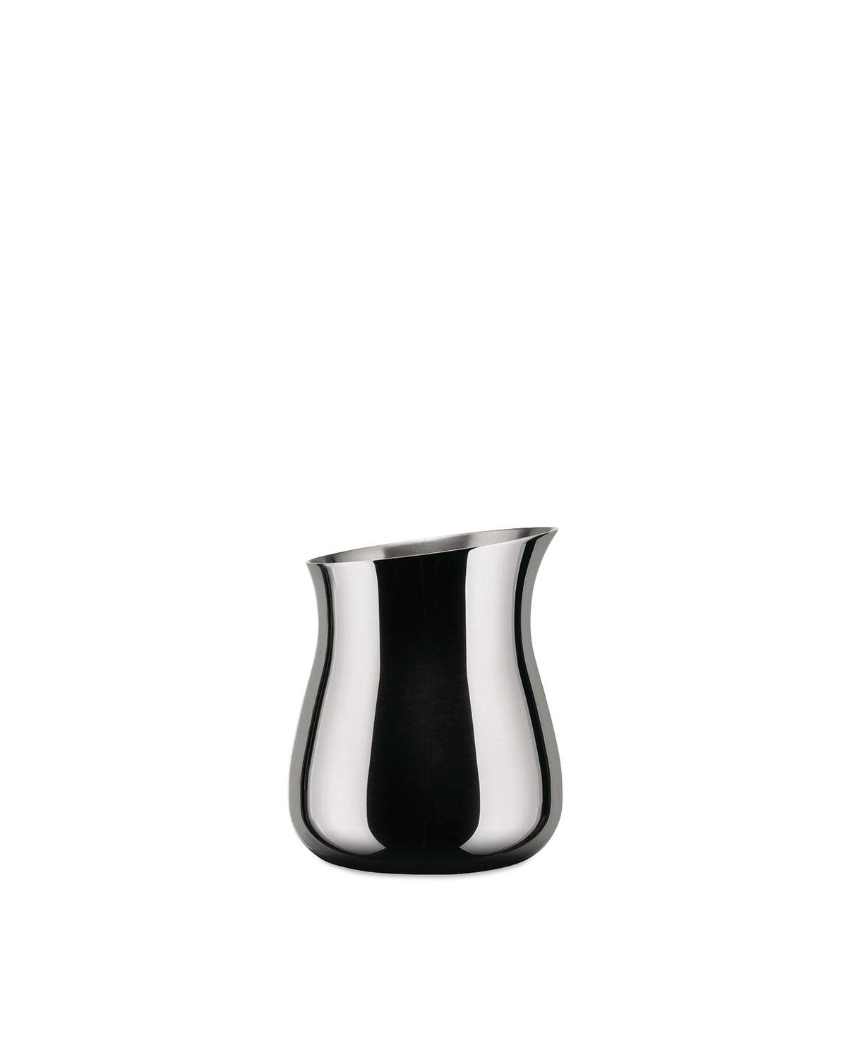 Polished stainless steel creamer by Alessi, with a sleek, curved body and an angled top.