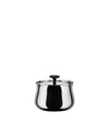 Polished stainless steel sugar bowl by Alessi with a black knob handle on the lid.