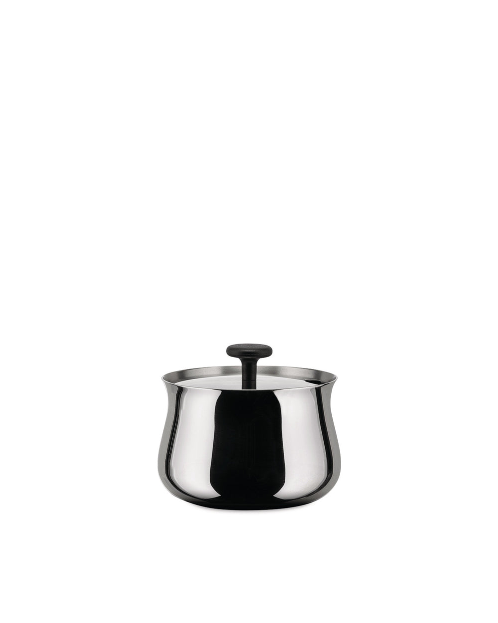 Polished stainless steel sugar bowl by Alessi with a black knob handle on the lid.