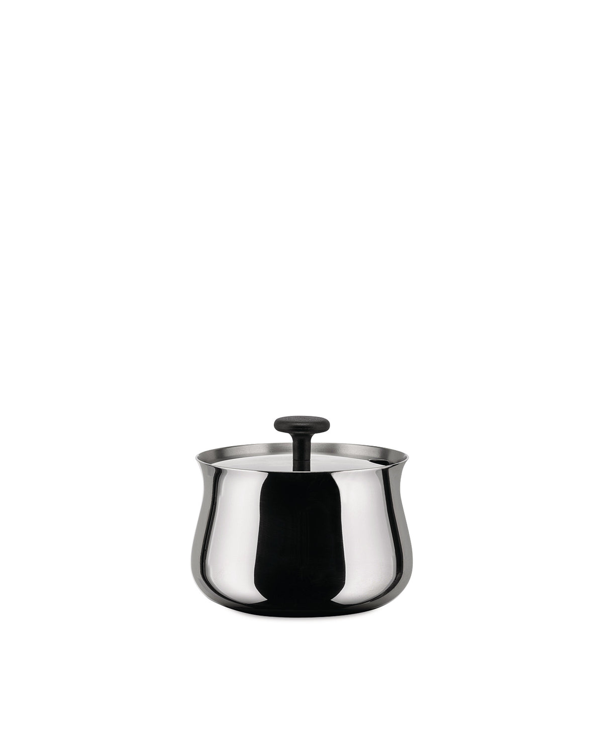 Polished stainless steel sugar bowl by Alessi with a black knob handle on the lid.