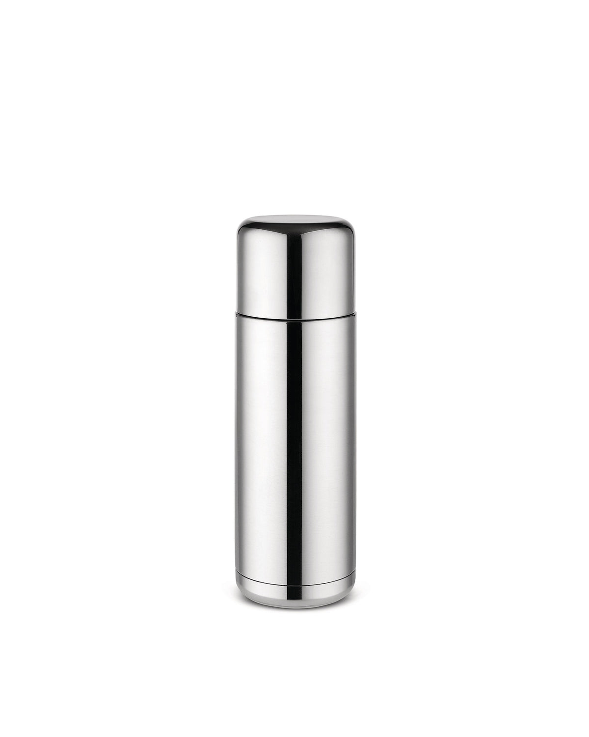 Sleek silver stainless steel thermos by Alessi, with a rounded cap and base.