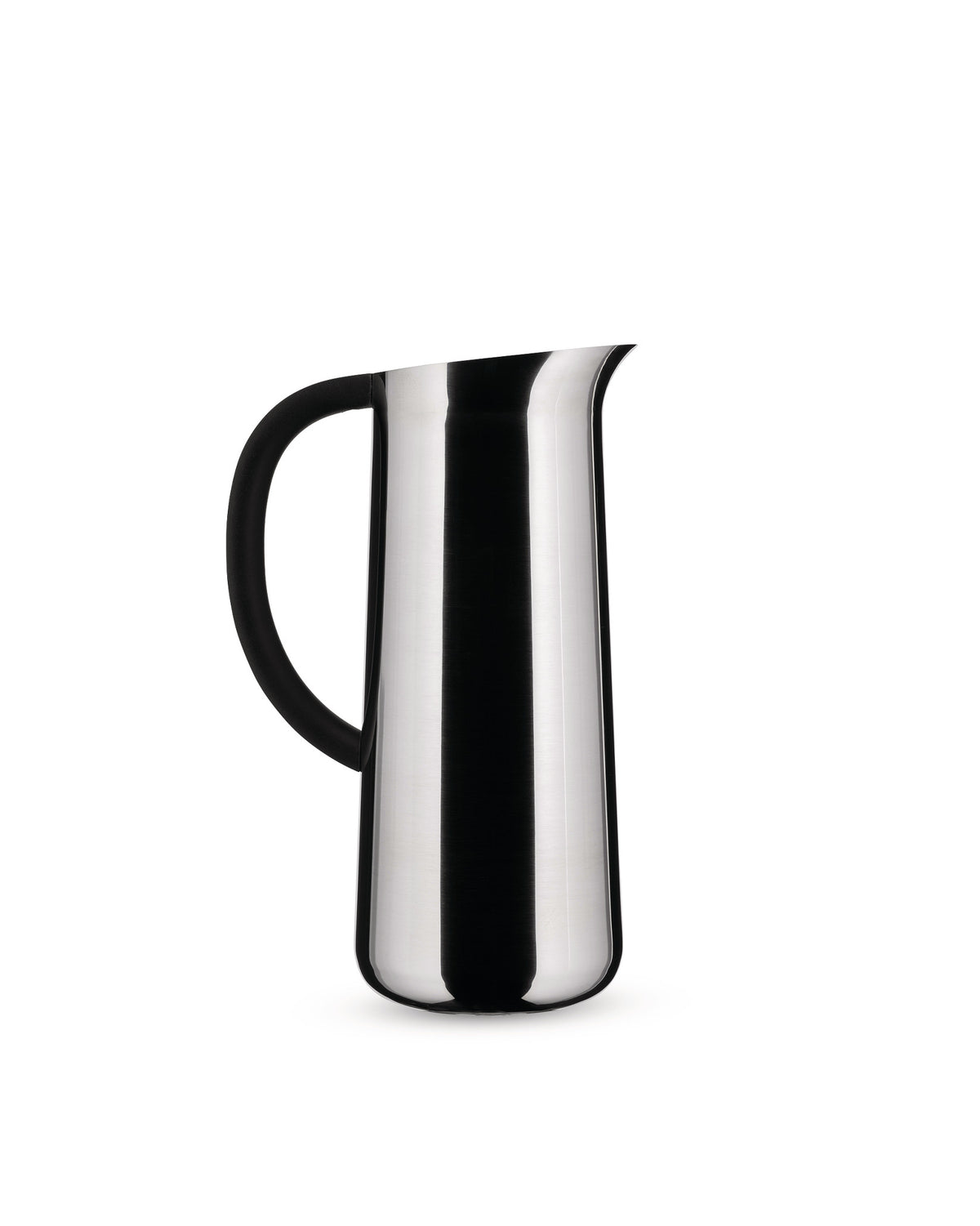 Silver stainless steel pitcher with a black handle by Alessi, featuring a tall, sleek design and pouring spout.