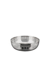 Silver metallic fruit bowl by Alessi with a distinctive vertical slatted design.