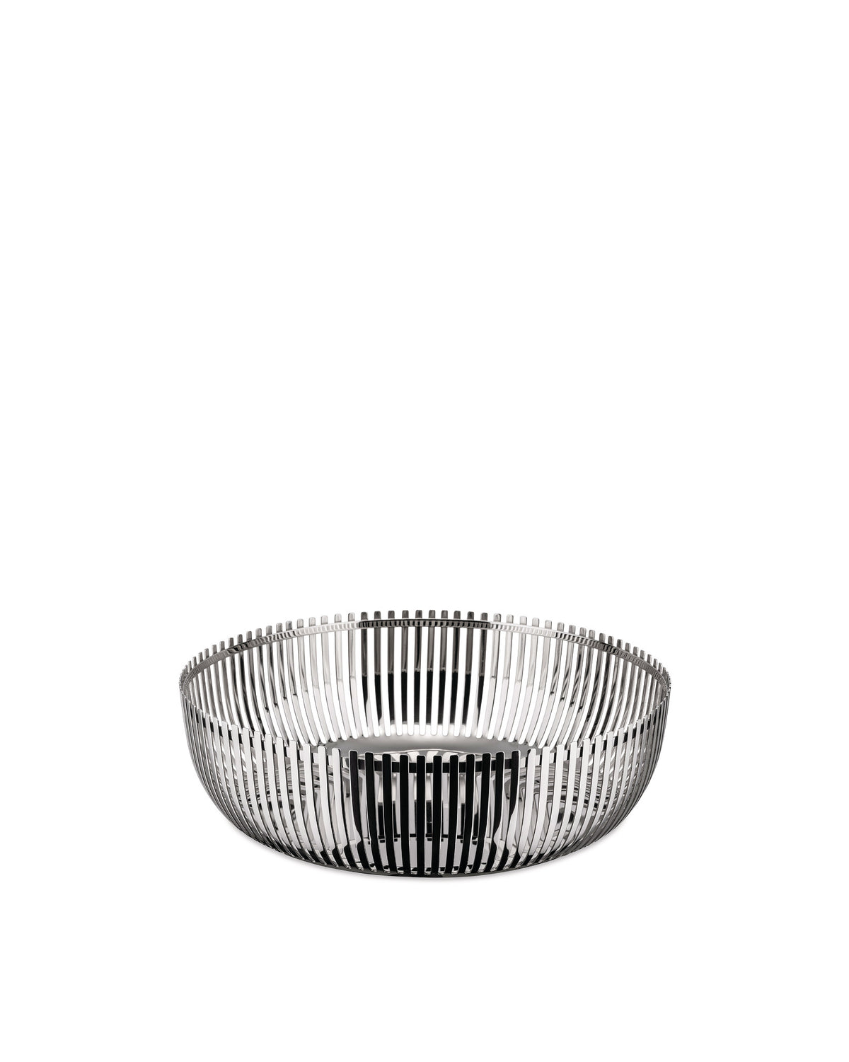 Silver metallic fruit bowl by Alessi with a distinctive vertical slatted design.