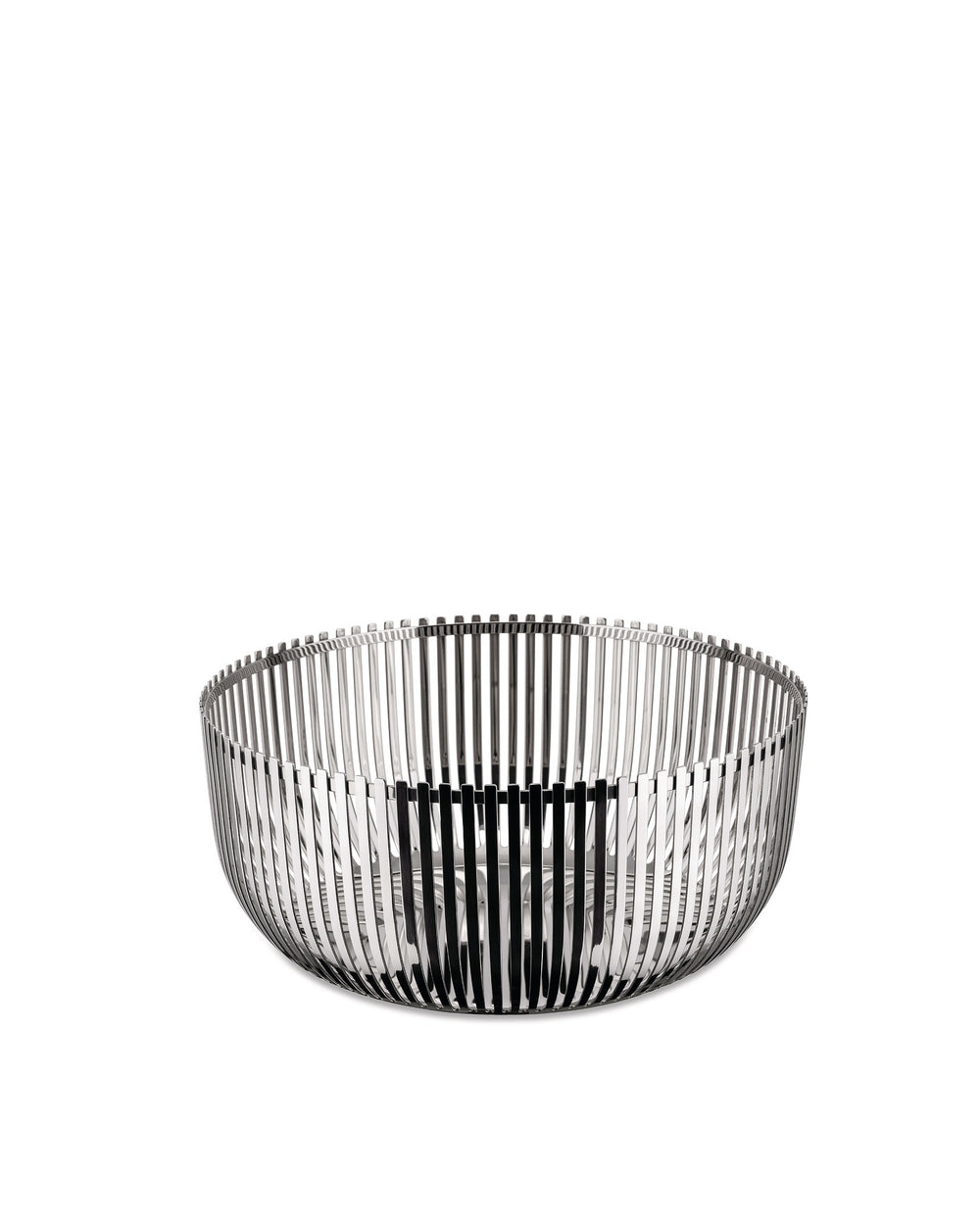Polished silver metal bowl by Alessi with a vertical slatted design, on a white background.
