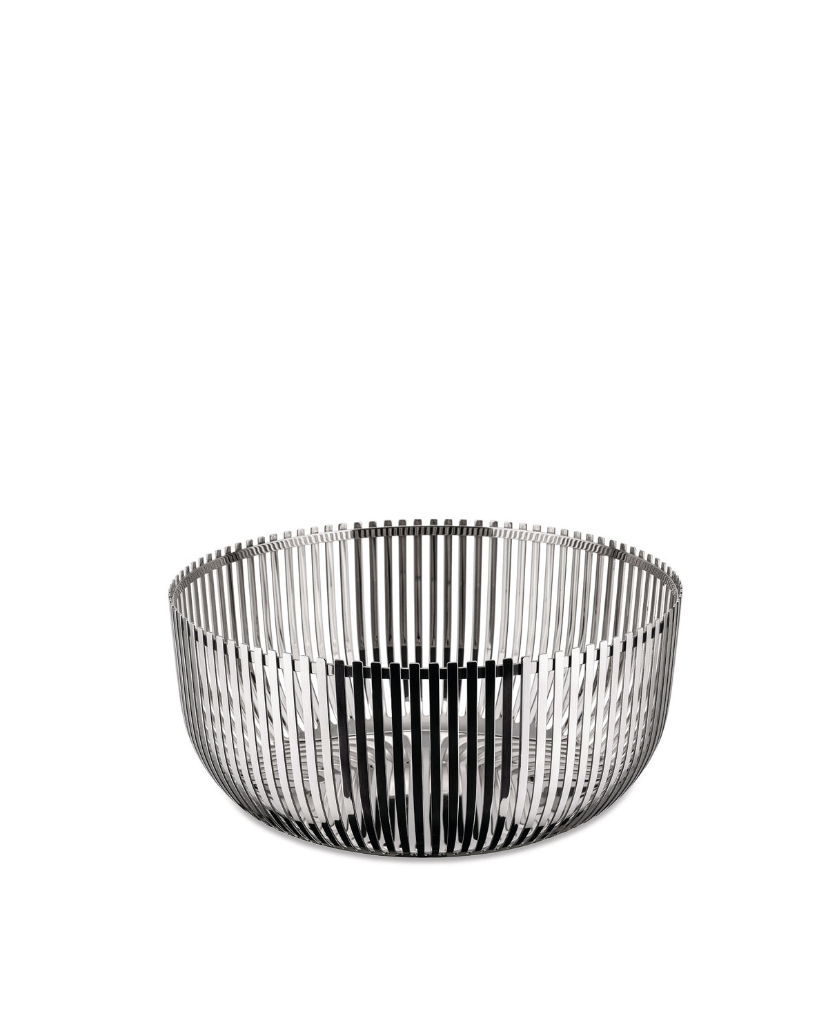 Polished silver metal bowl by Alessi with a vertical slatted design, on a white background.