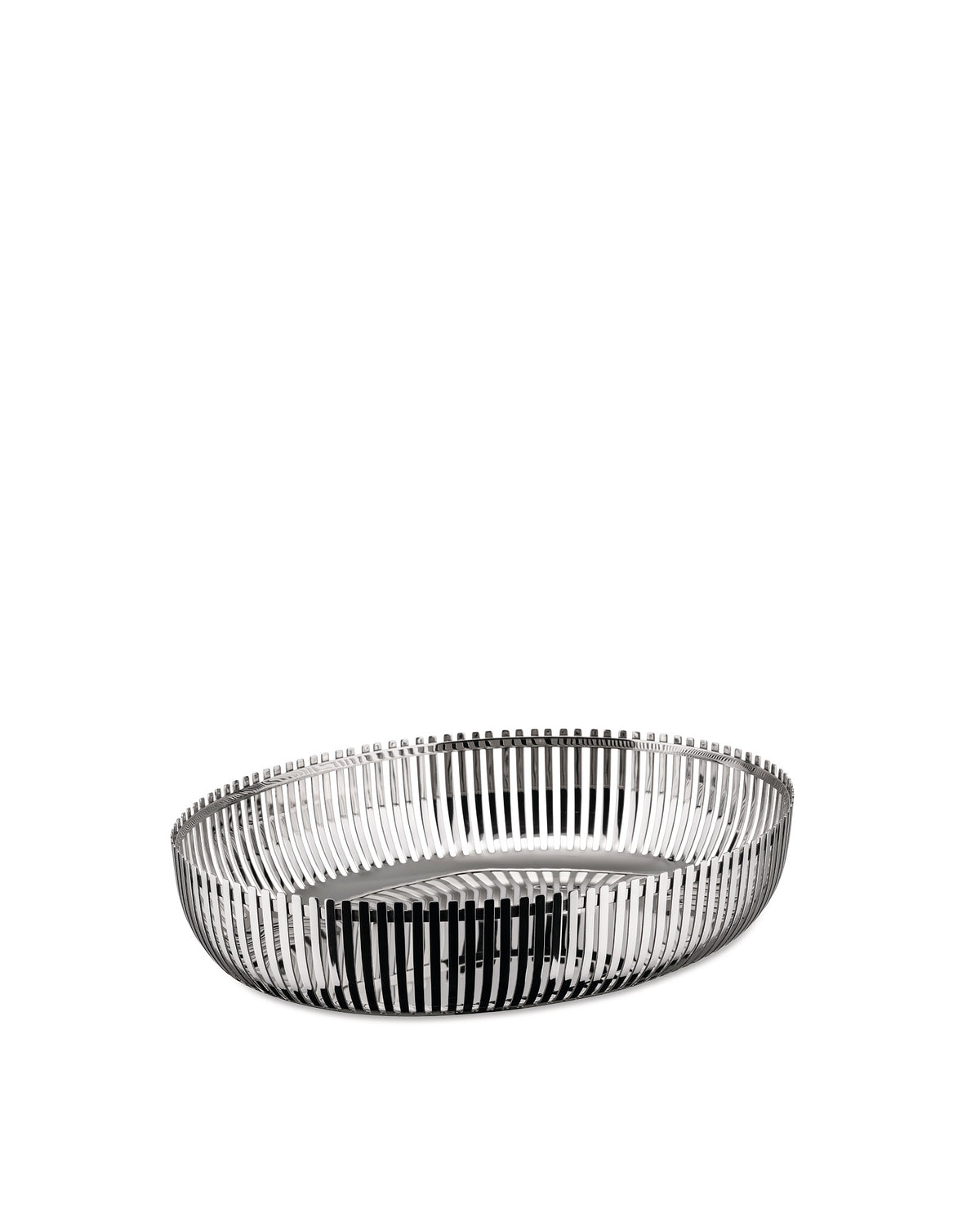 A metallic, slatted oval basket by Alessi with a reflective finish and a modern design.