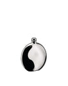 Silver round hip flask by Alessi, highly polished with a screw-top cap and distinct yin-yang reflection.