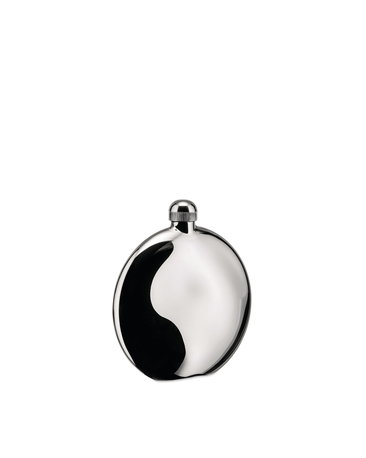Silver round hip flask by Alessi, highly polished with a screw-top cap and distinct yin-yang reflection.