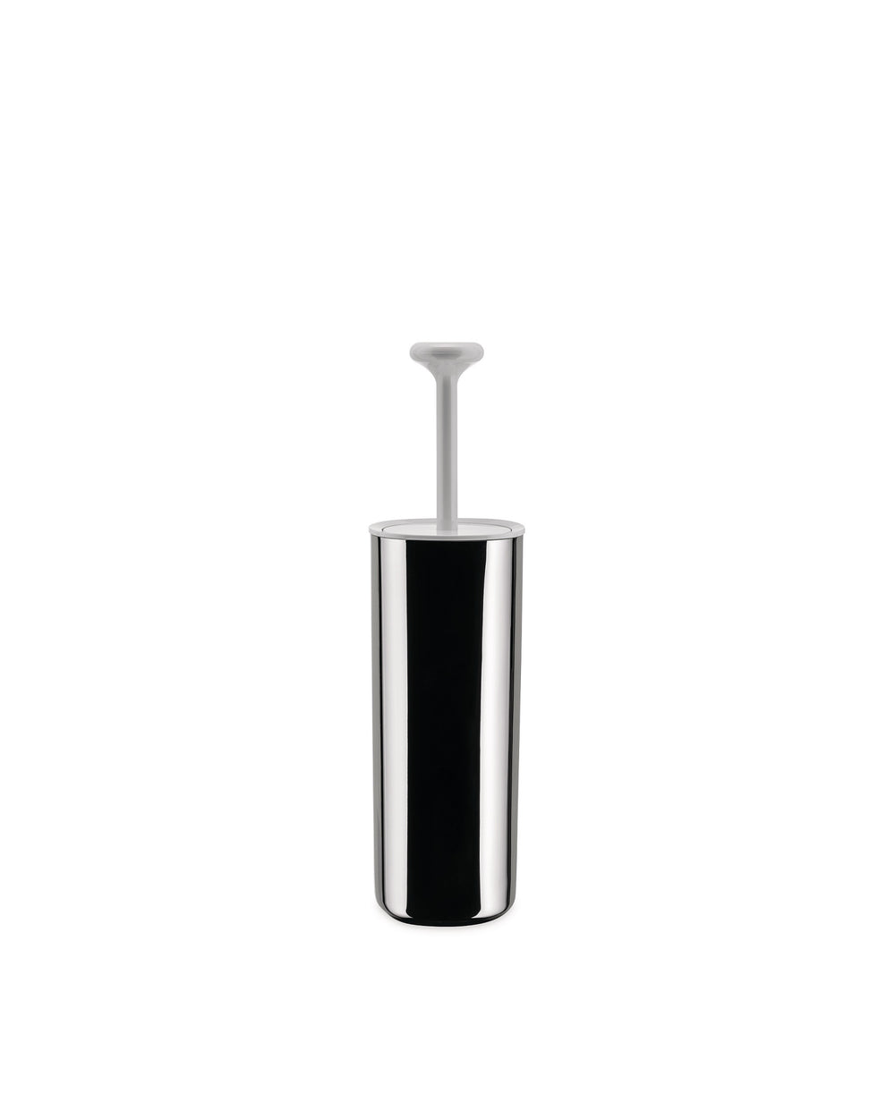 Chrome toilet brush with white handle by Alessi, in a minimalist design.