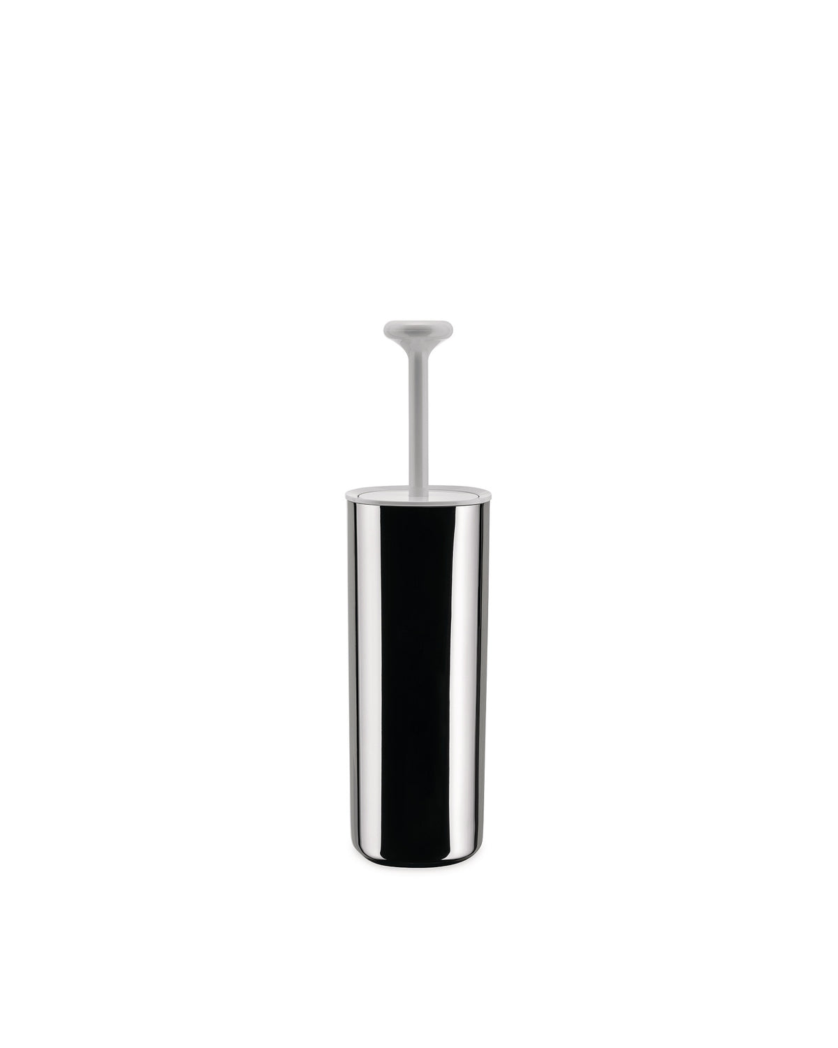 Chrome toilet brush with white handle by Alessi, in a minimalist design.