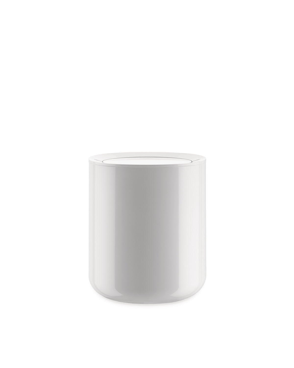 White glossy cylindrical container by Alessi with a removable lid and rounded base, front view.