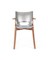 Silver and wood chair by Alessi with a cut-out handle on the backrest, front view.