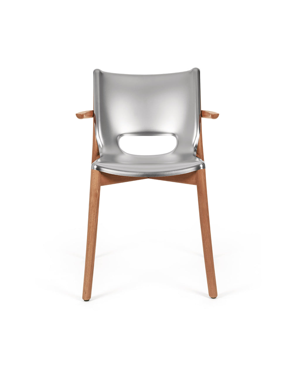 Silver and wood chair by Alessi with a cut-out handle on the backrest, front view.
