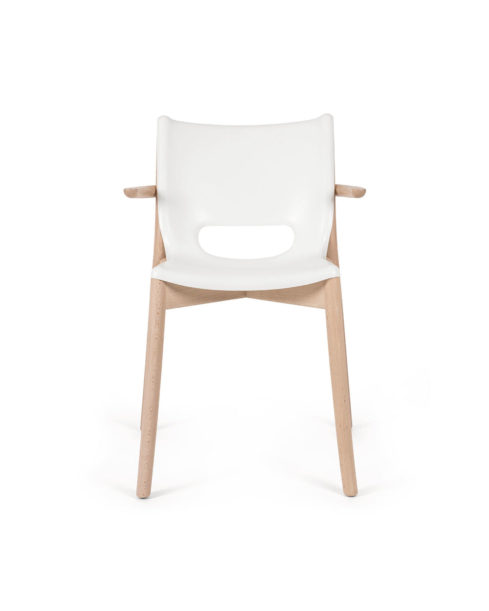 White and light wood chair by Alessi, with an oval cut-out in the backrest and wooden armrests.